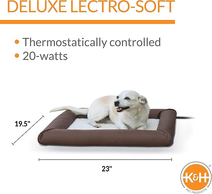 K&H Pet Products Heated Deluxe Lectro-Soft Outdoor Dog Bed with Bolster, Orthopedic Warming Pet Pad, Outdoor Heated Pad for Pets, Heated Outside Dog and Cat Bed, Chocolate/Tan Small 19.5x23in