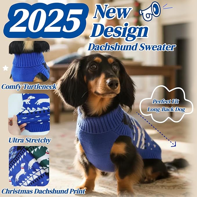 Ultra-Soft & Stretchy Turtleneck Dachshund Sweater, Fall Pullover Knitted Dachshunds Sweaters, Medium Weiner Dog Clothes for Girls Boys, Winter Christmas Puppy Costume for Male Female Dogs (Blue, M)