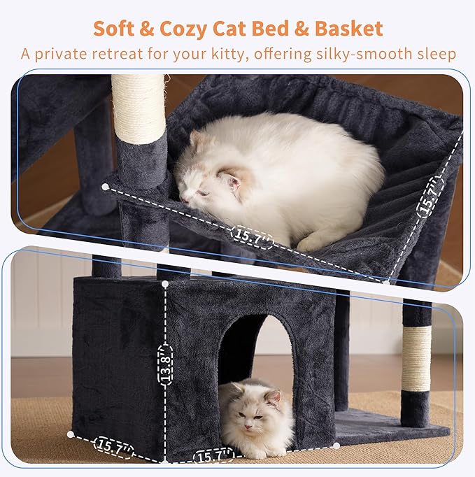 Heybly Heavy Duty Cat Tree, Tower for Indoor Cats Large Adult, Tall Cat Condo House with Extra-Large Baseboard, Multi-Level Plush Furniture with Scratching Posts, Hammock, Toy Ball, Smoky Gray HCT026G