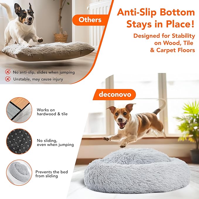 Deconovo Calming Donut Dog Bed, Washable Plush Round Pet Bed for Small Dogs & Cats with Raised Rim, Non-Slip Base and Soft Faux Fur—Lightweight, Easy-Care Design Light Grey 25" L x 25" W x 8" Th