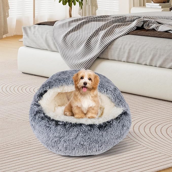 Cat Beds & Dog Bed with Cover Cave, Dog Beds for Small Dogs, Round Soft Plush Donut Calming Pet Bed for Indoor Cats or Small Dog, Washable Puppy Bed with Non-Slip Bottom-20inch
