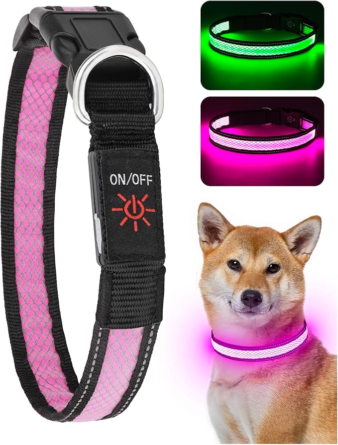 Weesiber Light Up Dog Collar, USB Rechargeable LED Dog Collar Glow in The Dark, Adjustable Reflective Waterproof Dog Collar Light for Night Walking(Pink, M)
