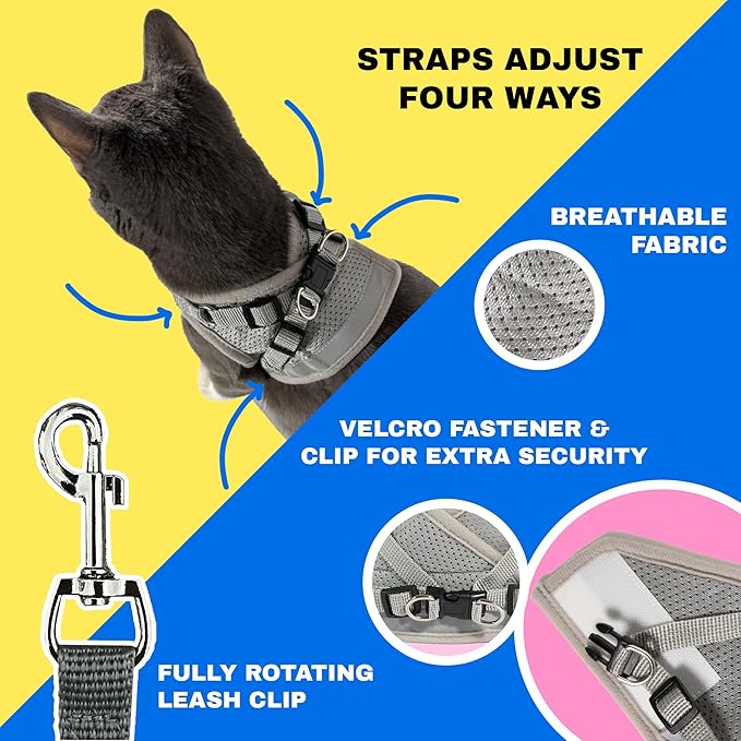 Travel Cat Harness and Leash Set - Adjustable Fit Mesh Cat Harness and Reflective Strap - Comfort Walking Vest for Kitten for Outdoor Walking, Hiking (Small, Grey)