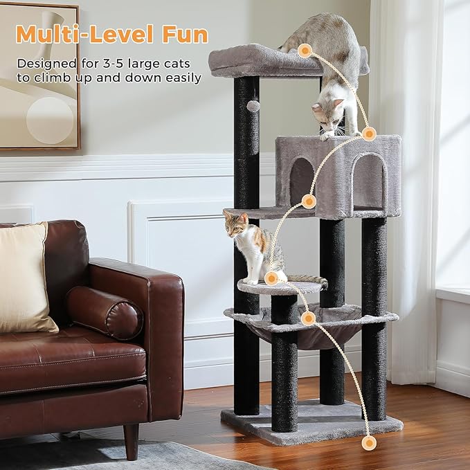 PETEPELA Cat Tree for Large Cats up to 30 lbs, 58" Heavy Duty Cat Tower with Reinforced Scratching Posts[ φ3.1”], Large Hammock, Spacious Condo & Top Perch, Sturdy Cat Furniture for Maine Coons, Black