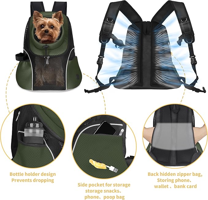 WOYYHO Pet Dog Carrier Backpack Small Dog Front Backpack Ventilated Mesh Dog Travel Back Pack with Safety Belt for Travel Hiking Cycling Outdoor Adventures (Size L: 10-14 lbs, Army Green)