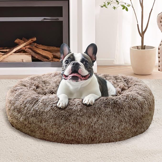 JOLLYVOGUE Calming Dog & Cat Bed for Small Dogs, Anti-Anxiety Donut Cuddler Cozy Soft Round Bed with Anti-Slip Bottom, Fluffy Faux Fur Plush Cushion Beds for Small Medium Dogs, 20"/Smoke Brown