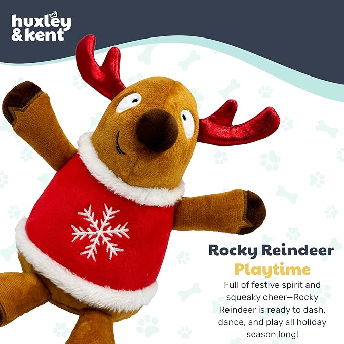 Huxley & Kent Funny Dog Toy w/Squeaker – Holiday Power Plush Squeaky Dog Toys for Small, Medium & Large Dogs – Soft Stuffed Animal for Indoor Play & Fetch - Rocky Reindeer, Small