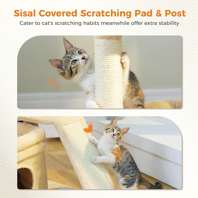 PEQULTI Small Cat Tree Tower for Large Adult Cats with Wide Top Perch, Private Cat Condo and Sisal Scratching Post&Pad for Indoor Cats, Beige