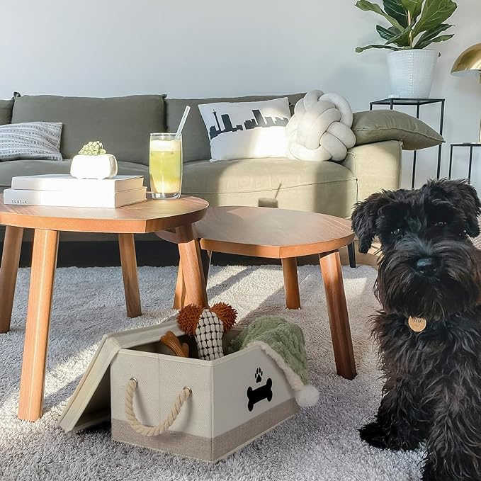 Dog Toy Basket with Lid, Dog Basket for Toys, Dog Toy Box with Cotton Rope Handles, Collapsible Storage Bins for Dog Toys, Dog Storage Organizer, Beige-Gray