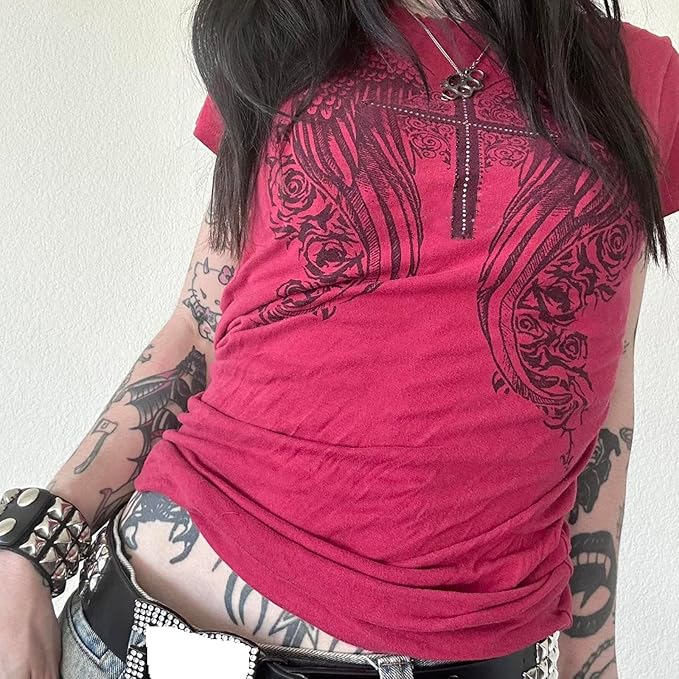 Gothic Tees for Women Y2K Grunge Graphic Short Sleeve Crew Neck T-Shirts 90s Vintage Aesthetic Emo Clothes