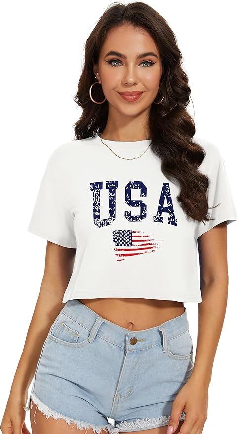 Womens Summer Crop Tops Short Sleeve Round Neck T-Shirts Loose Fit Casual Blouse