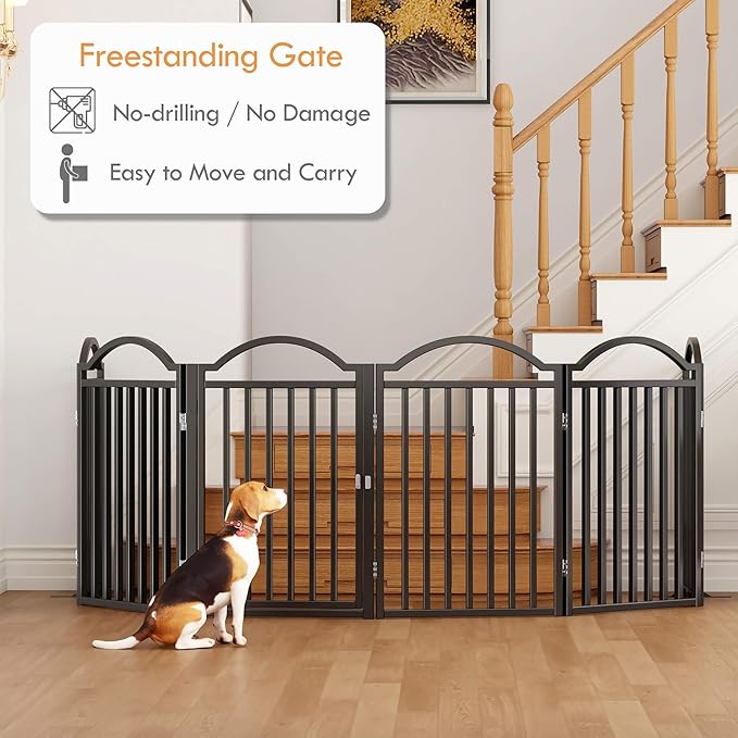 UDD Metal Folding Dog Gate Indoor 144" Extra Wide, 32" Tall Foldable Pet Gate with Door for Stairs Doorways Hallways Porch, Freestanding No Drilling Pet Fence for Dogs Puppy, Black 6-Panel