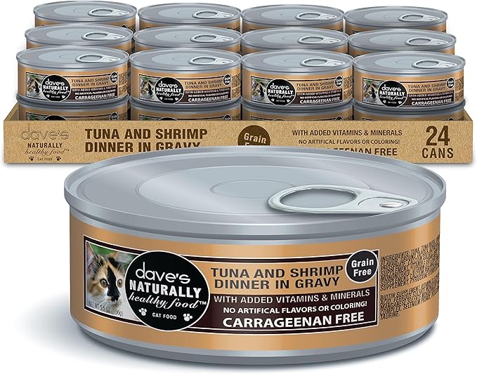 Dave's Pet Food Grain Free Wet Cat Food Gravy (Tuna & Shrimp Dinner in Gravy), Naturally Healthy Canned, Added Vitamins, 5.5 oz Cans (24 Pack)