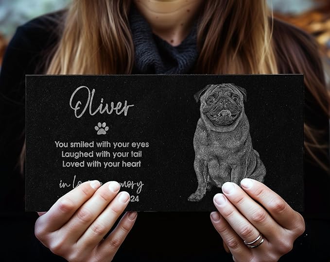 In Loving Memory Pet Memorial Stone w/ Engraved Image: Dog, Cat, Puppy, Kitten Grave Marker for Backyard, Garden Tribute, Cemetery Tombstone, Graveside Ornament, Burial Marker