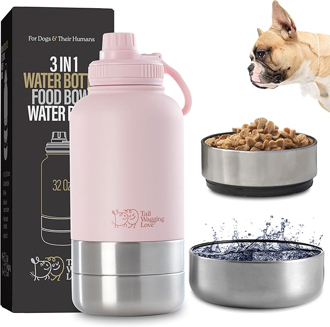 32oz 3-in-1 Travel Water Bottle for Dogs & Humans, Dual Use, Stainless Steel, Keeps Water Hot 6hrs/Cold 12hrs, Leak-Proof with Detachable Food & Water Bowls, Perfect for Travel