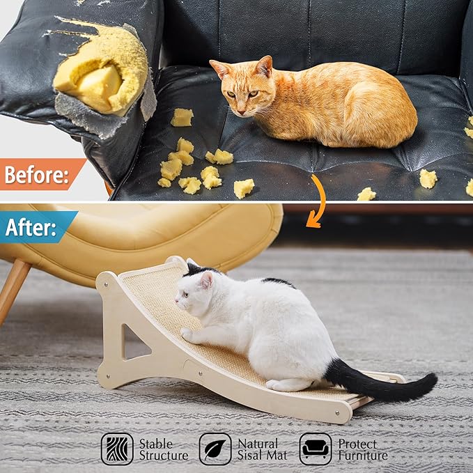 PETKARAY Curved Cat Scratcher, Sisal Kitty Scratching Ramp, L Shape Scratch Pad for Indoor Cats, 25.6" Furniture Protector with Mouse Toy