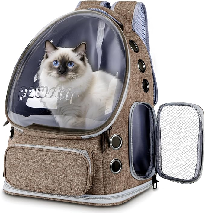 Cat Backpack Carrier with Bubble Window, Breathable & Foldable Pet Travel Carrier for Small Dogs and Cats, Airline-Approved for Hiking & Outdoor Use, Brown