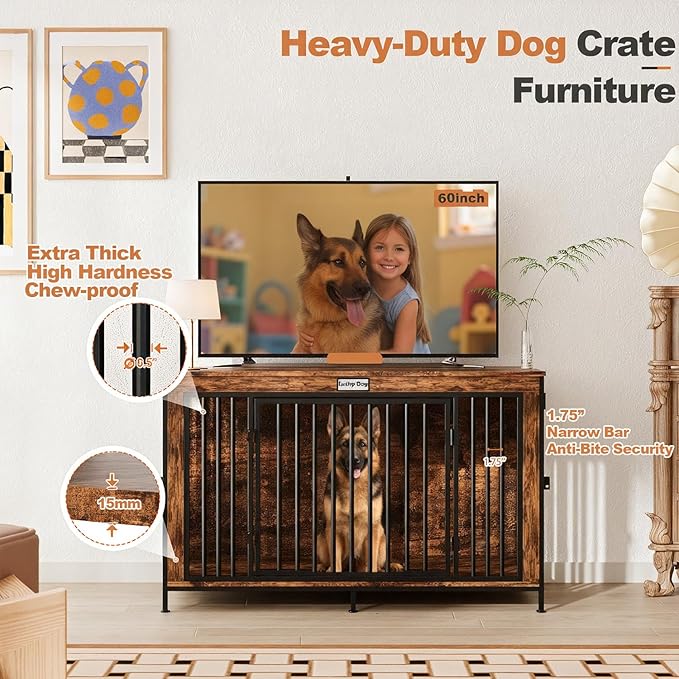 XL Dog Crate Furniture 48'' | Extra Large Heavy Duty Anti-Chew Dog Kennel | Rustic Wooden Cage End Table with 350LB Top Capacity | Escape Proof Double Door Pet House TV Stands