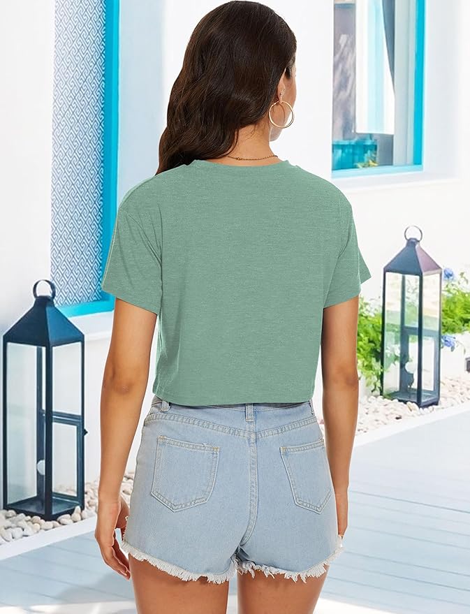 Womens Summer Crop Tops Short Sleeve Round Neck T-Shirts Loose Fit Casual Blouse