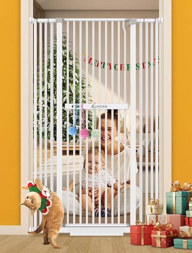 60" Extra Tall Pet Gate, 30-40" Wide, Auto Close, White Metal for Stairs & Doorways, Cat Toy Included