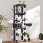 Hey-brother Cat Tree, 69.3-Inches Multi-Level Plush Cat Tower for Indoor Cats with Large Top Perch, Extra Spacious Hammock, 2 Hammocks Ramp, Hanging Ball, Smoky Gray MPJ037G