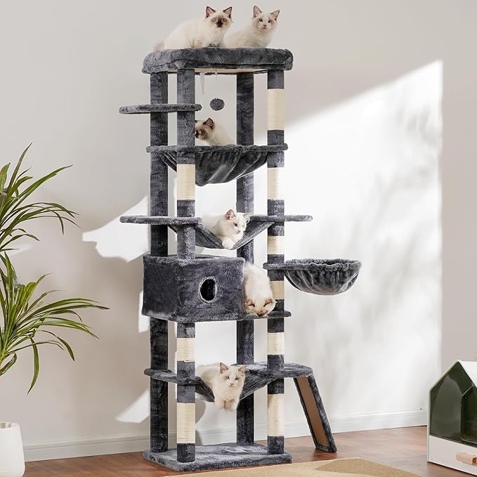 Hey-brother Cat Tree, 69.3-Inches Multi-Level Plush Cat Tower for Indoor Cats with Large Top Perch, Extra Spacious Hammock, 2 Hammocks Ramp, Hanging Ball, Smoky Gray MPJ037G