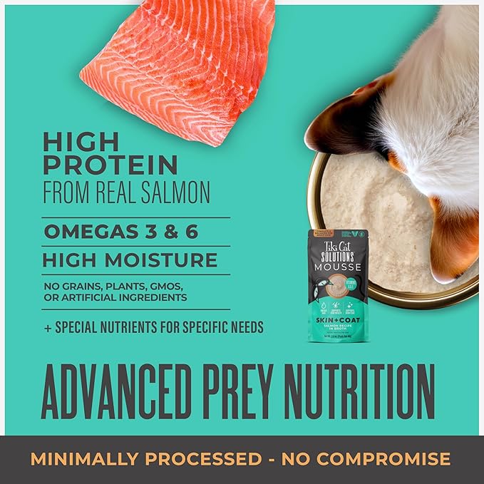 Tiki Cat Solutions Mousse Skin & Coat Mousse, Salmon Recipe, Specially Formulated with Omega Fatty Acids, Functional Wet Cat Food for Adult Cats, 2.4 oz. Pouch (12 Count)
