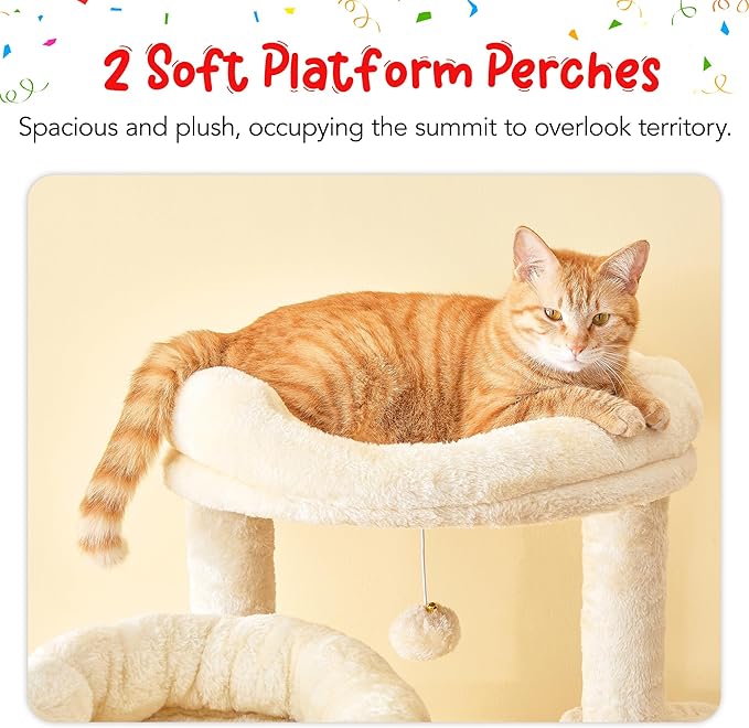 66-Inch Tall Cat Tree for Indoor Cats, Multi-Level Large Cat Tower with 3 Hammocks, 2 Padded Perches, cat Tree Tower with Scratching Post and Hanging Toys for Large Adult, Beige