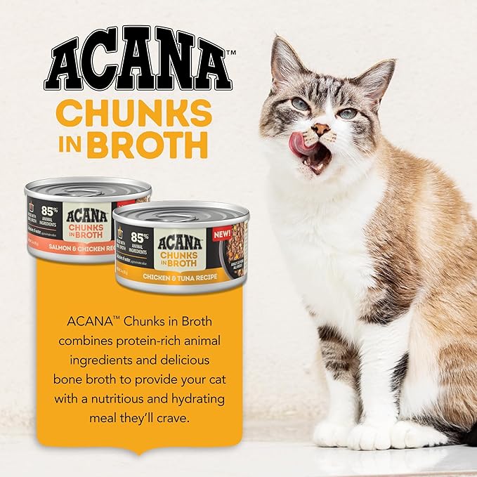 ACANA Chunks in Broth Wet Cat Food Variety Pack: Salmon & Chicken + Chicken & Tuna Recipes 3oz Cans (12 Count, 6 of Each)