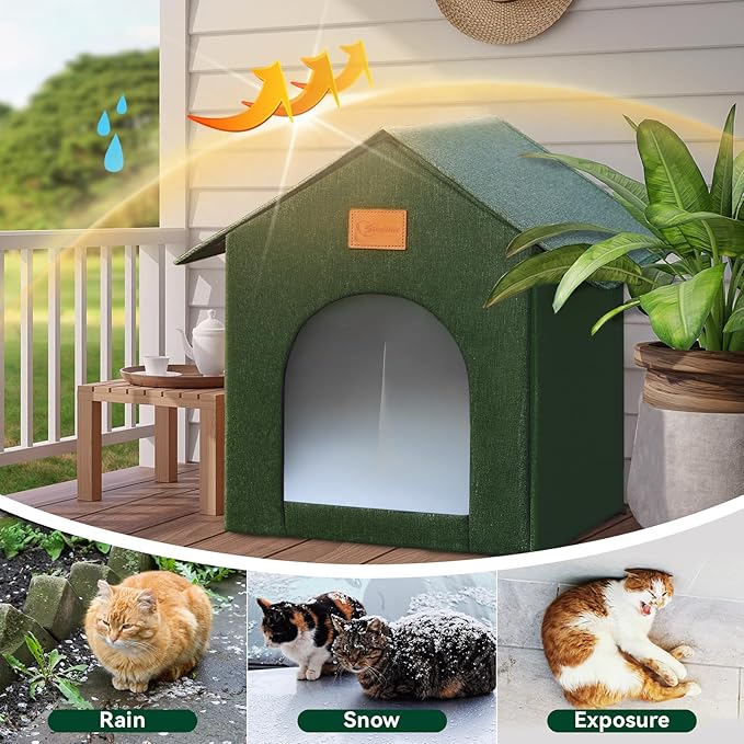 Outdoor Cat House Feral Cat Shelter,Outside Waterproof Cat House for Outdoor/Indoor Cats, Insulated Cat Bed for All Seasons with Cozy Cushion Easy to Assemble (Olive Green, floor spike style)