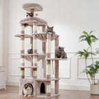 Heybly Heavy Duty Cat Tree, 71-Inch Tall Tower for Large Maine Coon with Extra-Large Baseboard, Cat Condo Furniture with Multi-Level Platforms, 2 Hammocks and 12 Scratching Posts, Muchroom HCT037MU