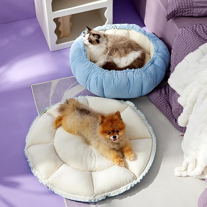 Lesure Cat Beds for Indoor Cats - Washable Cute Cat Beds with Versatile Dual-Use Design, Reversible Donut Pet Bed for Puppy and Kitten, 21x21x7 Inches