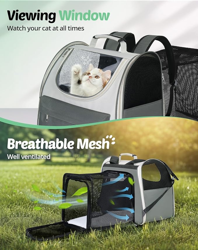 Large Cat Backpack Carrier, Expandable Roomy Pet Carrier Backpack for Medium Cat/Small Dog Puppy Under 18lbs, Breathable Foldable Dog Backpack Travel Airline Approved for Camping Outdoor, Gray