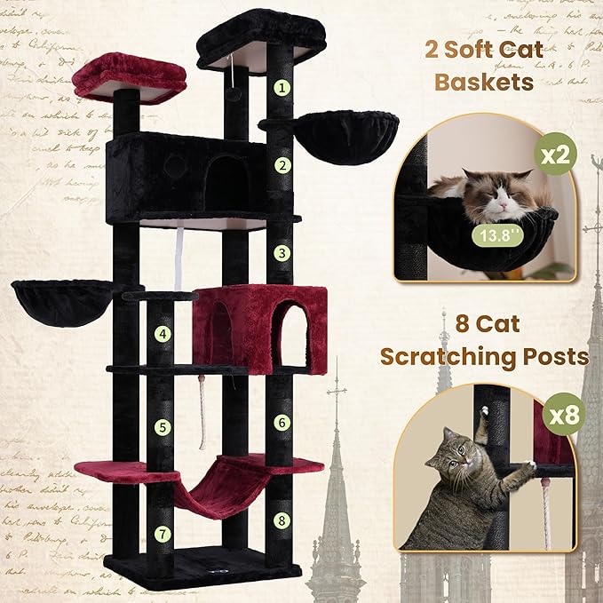 80.7''(205cm) Cat Tree for Indoor Cats, Large Cat Tower for Multi Adult Cats, Cat Tree House with Big Hammock, 2 Top Perches/Cat Condos/Baskets, 8 Scratching Posts, Black(Gothic) GCT034BR
