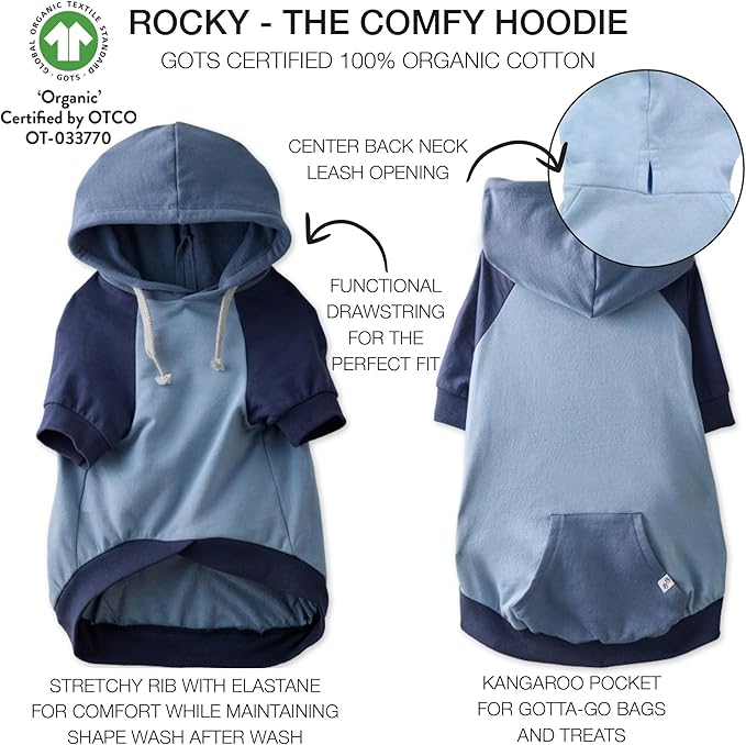 Rocky – The Orginal Lightweight Hooded TEE 100% Organic Cotton Dog Hoodie Pet Coat Sweater for Small, Medium, Large Dogs, Navy Color Block, X-Small