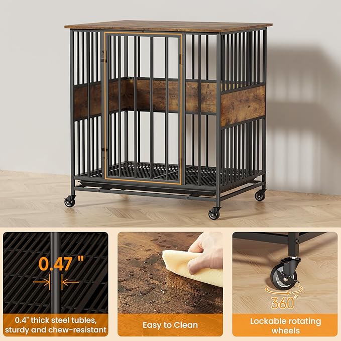 Dog Crate Furniture for Small Dogs, 31 Inch Indoor Puppy Kennel, Wooden Pet Cage Decorative Corner End Table with Caster Wheels & Removable Tray, Rustic Brown