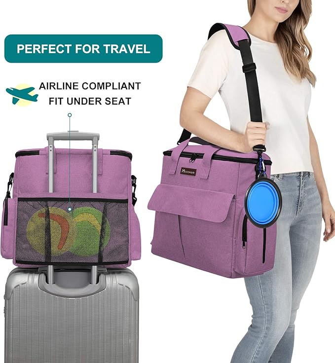 Modoker Dog Food Tote Bag, Airline Approved Pet Gear Travel Set Portable Diaper Accessories Organizer with 2 Food Storage Containers, 2 Collapsible Bowls, 1 Feeding Mat (Pink)