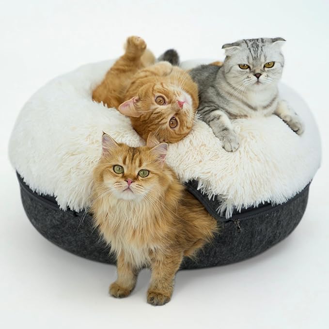 CATTASAURUS Peekaboo Cat Cave for Multiple & Large Cats Up to 30-45 Lbs, Fluffy Cat Beds for Indoor Cats, Scratch Detachable & Washable Tunnel Bed, Comfy Donut Cat Cave (Dark Gray, Large (Calming))