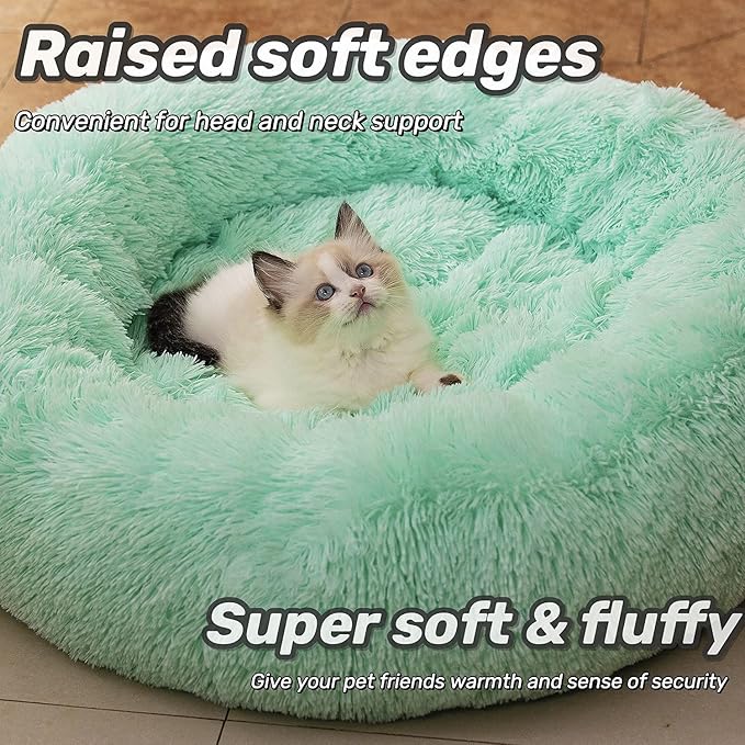 Anti Anxiety Round Fluffy Plush Faux Fur Warm Washable Dog Bed & Cat Bed, Original Bed for Small Medium Large Pets,Used to Relieve Joints and Improve Sleep（20"/24"/27''） (27", Light Green)