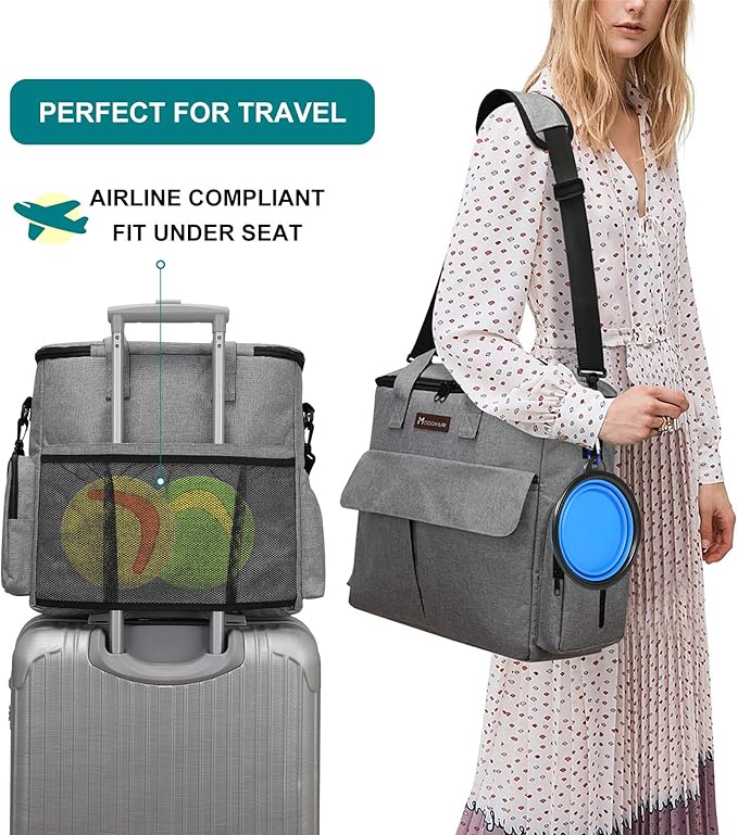 Modoker Dog Travel Bag, Weekend Pet Travel Set for Dog and Cat, Airline Approved Tote Organizer with Multi-Function Pockets, 2 Food Storage Containers, 2 Collapsible Bowls, 1 Feeding Mat (Grey)