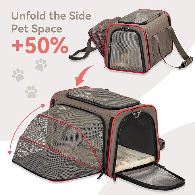 Petsfit Expandable Cat Carrier Dog Carriers,Airline Approved Soft-Sided Portable Pet Travel Washable Carrier for Kittens,Puppies,Removable Soft Plush mat and Pockets,Locking Safety Zippers