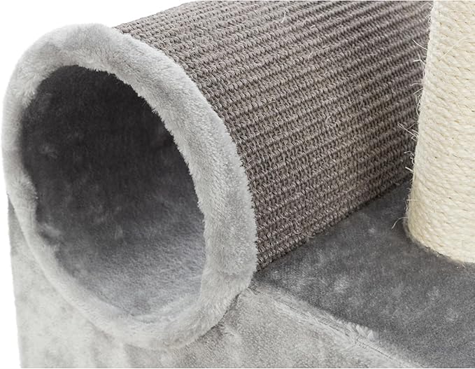TRIXIE Tolar Cat Scratching Post 31.5 Inch - with Durable Sisal Rope and Tunnel, Condo, Platform with Removable Cushion & Dangling Cat Toy - in Gray
