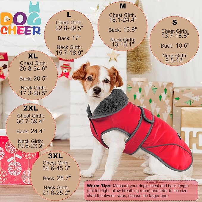 Dogcheer Dog Coat, Christmas Dog Jacket Waterproof Puppy Winter Coat for Cold Weather, Reflective Pet Snow Jacket Warm Turtleneck Fleece Sweater for Small Medium Large Dogs - Red, S