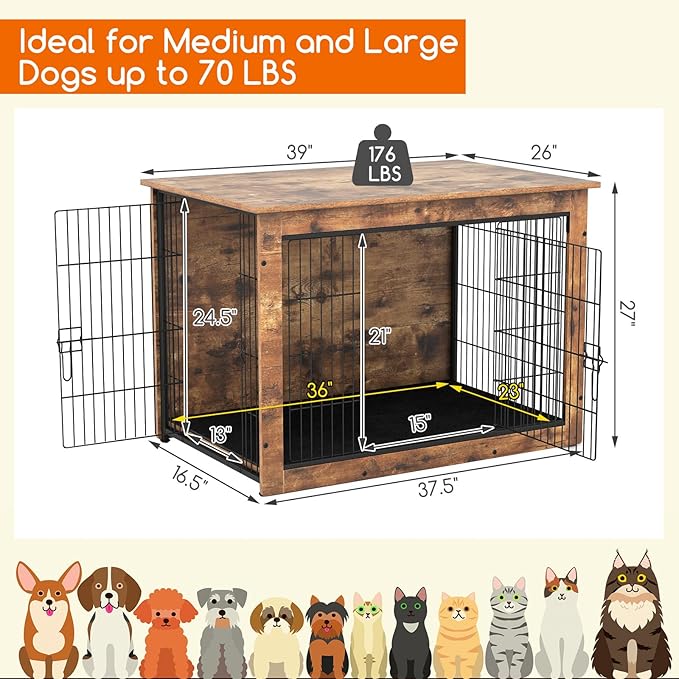 PETSITE Dog Crate Furniture for Medium/Large Dogs, 39" Indoor Pet House Side End Table w/Cushion, Double Doors, Heavy-Duty Chew-Resistant Wood Metal Dog Kennel up to 70 LBS (39 x 26 x 27 Inches)