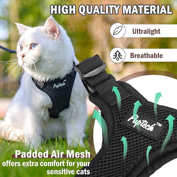 PUPTECK Cat Harness and Leash Set Escape Proof for Walking, Breathable Mash Vest Adjustable Harness for Cats Puppy Small Animals, Reflective at Night, Black Small