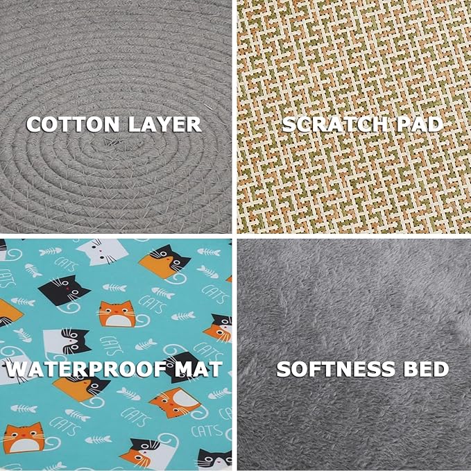 Round Cat Bed for Indoor Cats, Cat Basket Bed, Wicker Cat Donut Beds, Cooling Cat Nest for Summer Sleeping, Washable Pet Pad for Cat Scratching,Grey with Scratching Pad