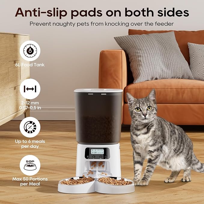 Automatic Cat Feeder,6L Timed Cat Dry Food Dispenser,Pet Feeder up to 6 Meals per Day,10S Voice Record,Flexible Schedule Timer,Auto Pet Feeder for Cats and Small Dogs (White, 6L)