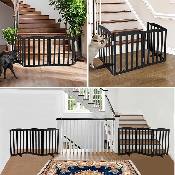 ZJSF Foldable Freestanding Indoor Dog Gate for House Wood Long Pet Gates Dog Fence for Stairs Puppy Gates for Hallways, Puppy Gate,Support Feet Included, Black, 24 "Height-2 Panels