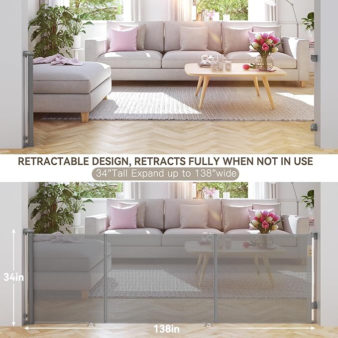 138 Inch Reinforced Retractable Baby Gates Extra Wide, Uamector Mesh Baby Gate or Dog Gate,Toddler Pet Retractable Gate Adjustable Length for Large Openings Stairs Doorways Hallway Indoor Outdoor