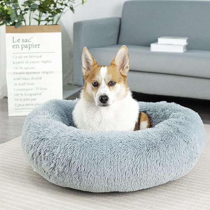 Anti Anxiety Round Fluffy Plush Faux Fur Warm Washable Dog Bed & Cat Bed, Original Bed for Small Medium Large Pets,Used to Relieve Joints and Improve Sleep（20"/24"/27''） (24", Light Grey)